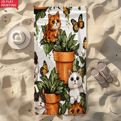 2d Flat 1pc Cats in Potted Plants Beach Towel - Soft, Ultra-Absorbent Microfib