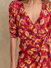 Sezane Armonie Long Sleeved V Neck Floral Wrap Midi Dress Pink Red 38 / US 6