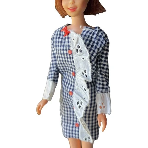 Francie 1967 SIDEKICK Dress #1273 Navy White Gingham Red Buttons Vintage 3284