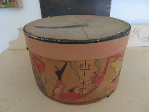 Vintage FRENCH HAT BOX Parisian Paris Scenes Schiaparelli HAND with ROSE