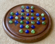 Antique Mahogany Wooden Solitaire Board Game with Antique Glass Swirl Marbles