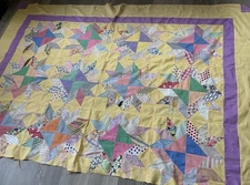 Antique Patchwork Quilt Top, Mid 1900’s, Floral Calico Prints, Cotton, Yellow