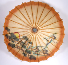 Vintage Bamboo Rice Paper Umbrella 18" Hand Painted Cranes Japanese