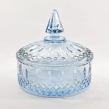 Indiana Lidded Dish Covered Candy Princess Pattern Ice Blue Glass vintage