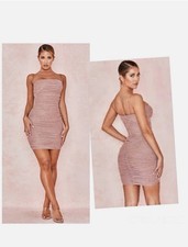 House of CB Ella Mink Sparkle Ruched Organza Mesh Mini Dress