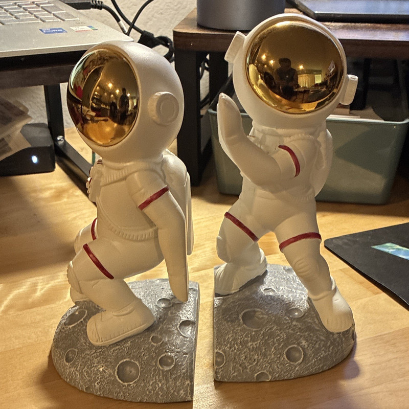 Astronaut Space Resin Bookends Set of 2 White Gold Visor Gray Moon Base