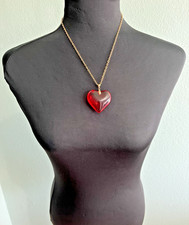 Red Glass Heart Puffy Heart Pendant Deep Red Heart Adjustable Gold Tone Necklace