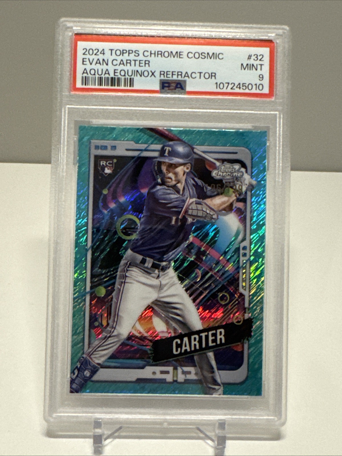 2024 Topps Chrome Cosmic Evan Carter #32 Aqua Equinox Refractor #’d /199 PSA 9
