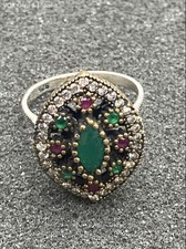 Sterling Silver 925 Copper Multi-Color Glass Stone Cluster Ring Size 7.5