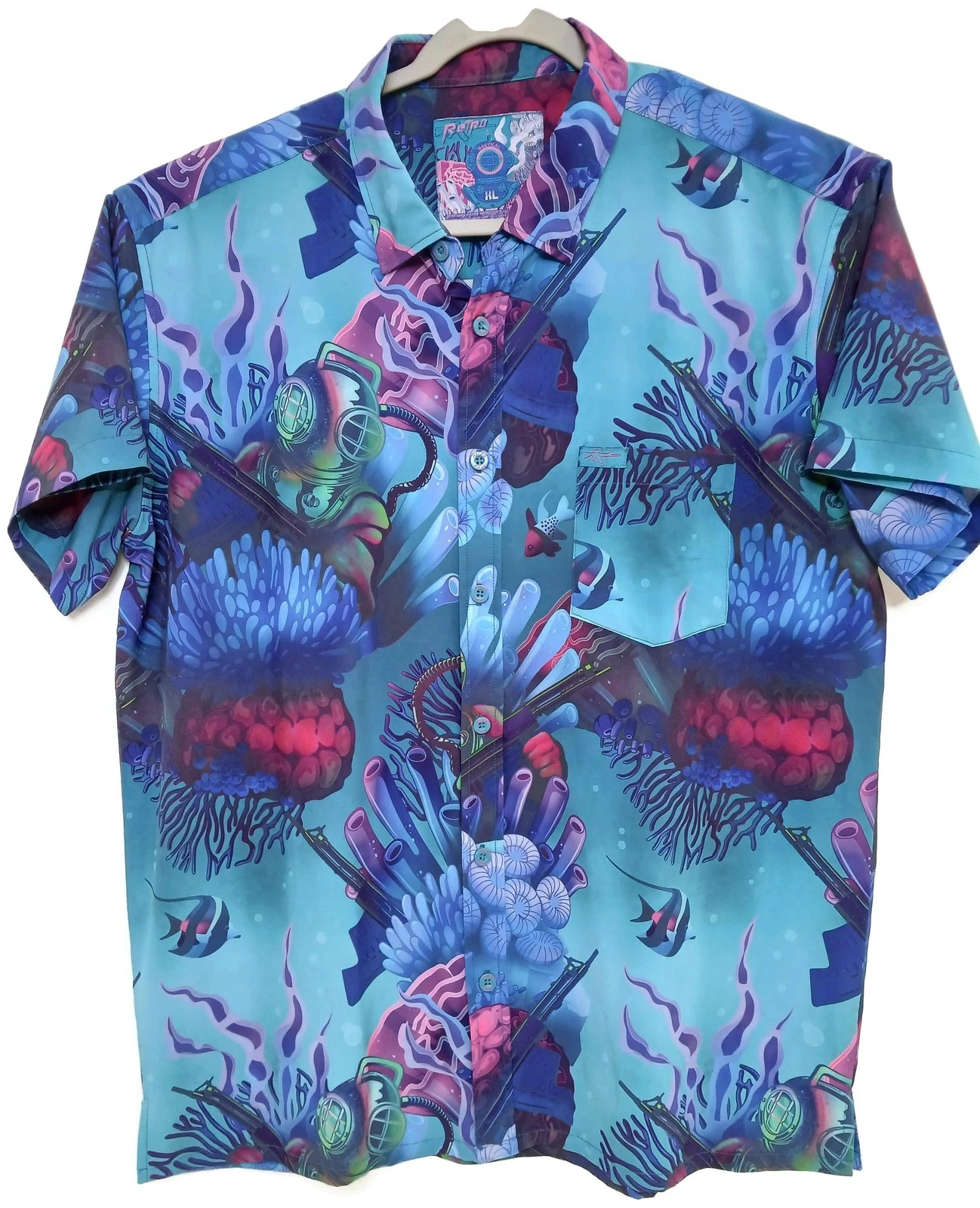 Retro Shirt Mens Large Blue Teal Nautical Diver Helmet Button Up Hawaiian Print
Opens in a new windo