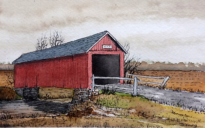 Orig. Matted Line & Wash Painting 'Covered Bridge'  -  by PA artist David Young