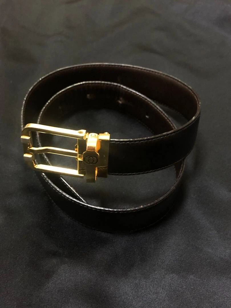 Ceinture cuir GUCCI vintage noir or logo GG femme occasion bon F/S du Japon