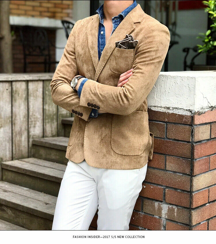 Khaki Suede Men's Blazer Casual Sports Slim Fit British Style Slim Fit Coat - Image 3 of 4