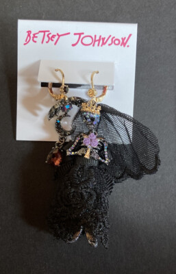 New Betsey Johnson EARRINGS Skeleton Bride & Bat! Gothic Cinco De Mayo