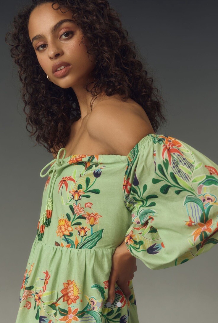 farm rio anthropologie green dress Farm Rio Anthropologie Puff Sleeve Mini Dress Lime Small  Finds For You