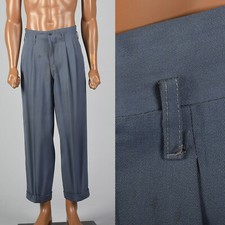 Small 1950s Gray Blue Pleat Front Pants VTG Pockets Cuffed Tapered Leg Stained
