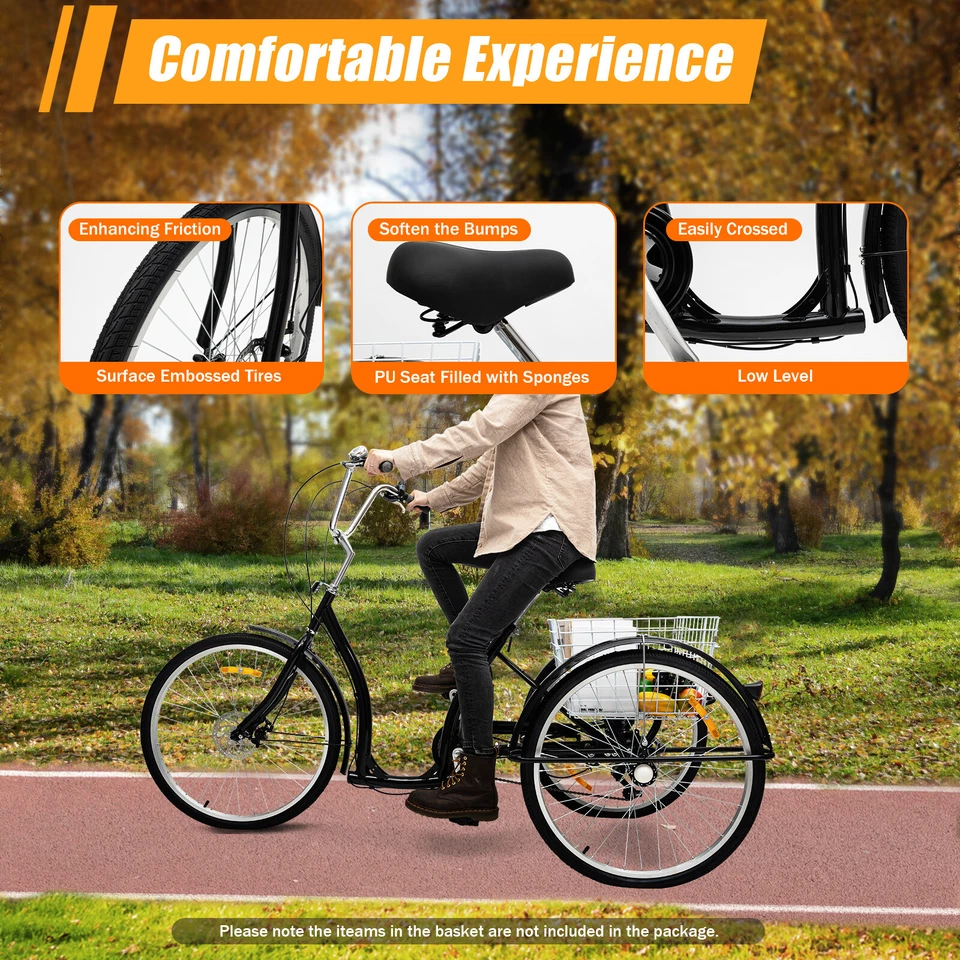 26 Zoll Dreirad F��r Erwachsene 6-Gang Senioren 3-Rad Fahrrad Mit Einkaufskorb - Bild 3 von 4