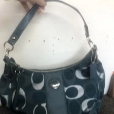 COACH Signature Handbag F20428 Forest Green Silver Jacquard Women EUC Great Con