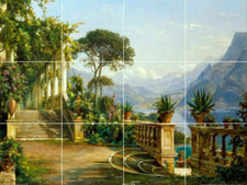 Italy lodge on lake Como garden terrace view ceramic tile mural backsplash