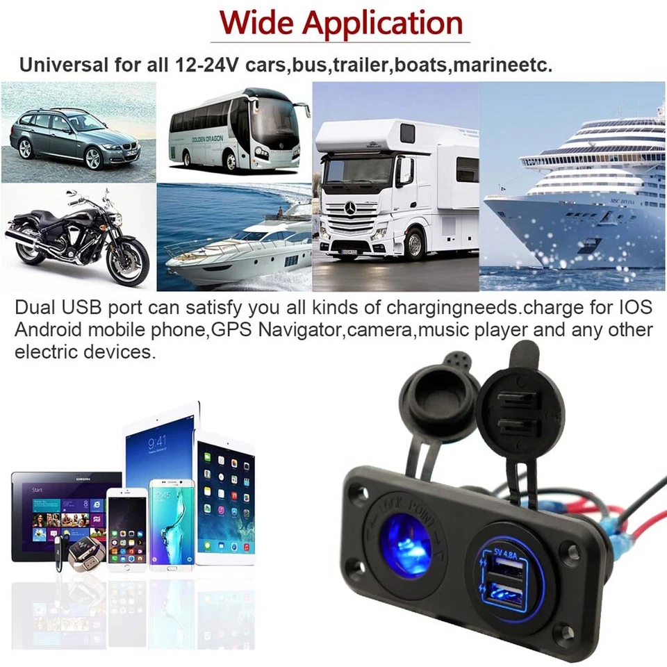 4.8A Dual USB Charger Power Socket +LED Light+ 2 Hole Panel Cars RV Boat - Image 2 of 4