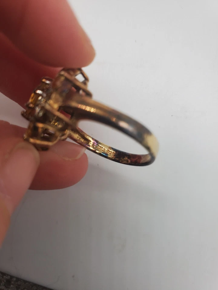 Citrine? Cluster W/ Diamonds. Gold Plated .925 Silver Cocktail Ring- Size 9 - Image 2 of 4
