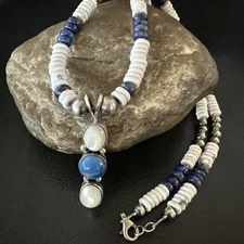 Blue Lapis White MOP Howlite Pendant Navajo Sterling Silver Necklace 19656