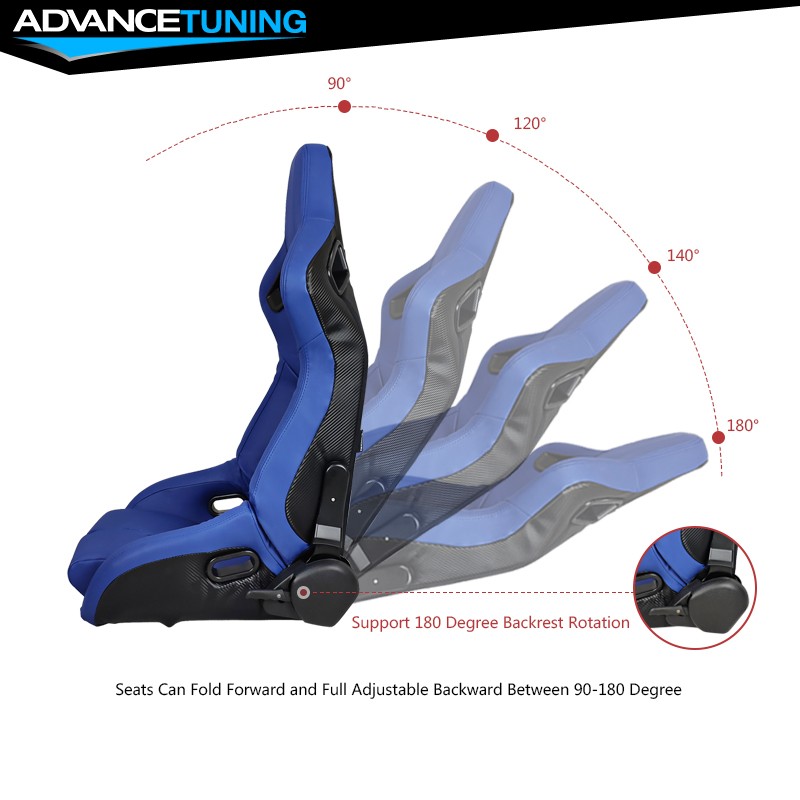 Bucket Racing Seats Reclinable Dual Slider Driver Left Blue PU Carbon Leather