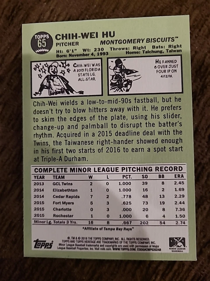 13 CARD LOT -2016 Topps Heritage Minors Chih-Wei Hu Montgomery Biscuits #65 - Image 2 of 2