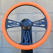 14 Black Flame Steering Wheel With Orange Wrap And Plain Horn Button