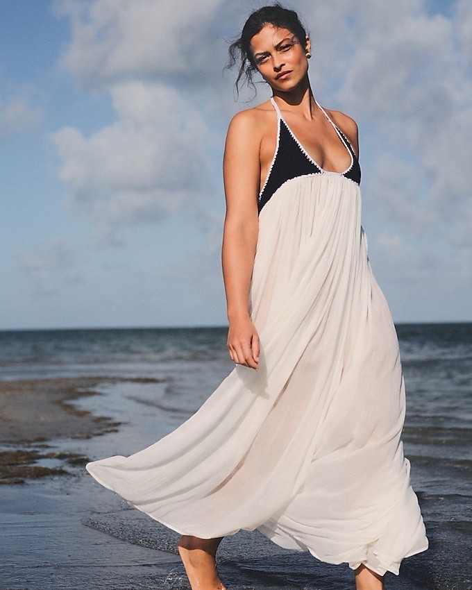 Vestido J.Crew XS Crochet Mixto Línea A Maxi en Blanco Azul Marino Algodón Orgánico Nuevo con Etiquetas