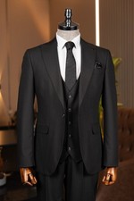 Men's black suit, Italian style, slim fit, high quality jacket, vest, and trouse