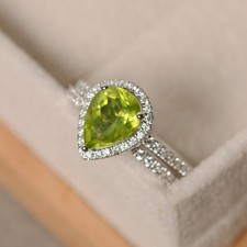2CT Peridot Pear Gemstone 925 Silver Plated Halo Ring Duty Free