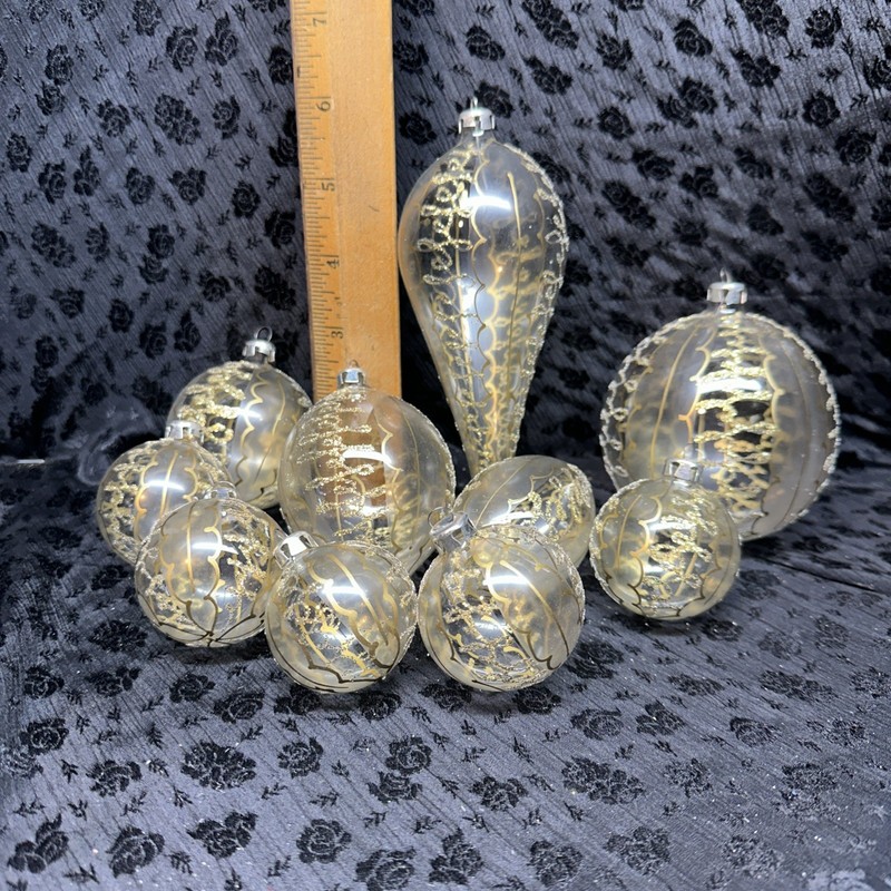 10Vint Hand Blown Christmas Ornaments, Clear Hand Painted Gold/Glitter Poland ￼
