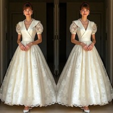 Vintage Victorian Wedding Dress Elegant White Tulle Short Sleeve A-line Medieval