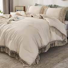 King Size Comforter Set Beige, 3 Pieces Boho Tassel Lightweight Soft Bedding Com