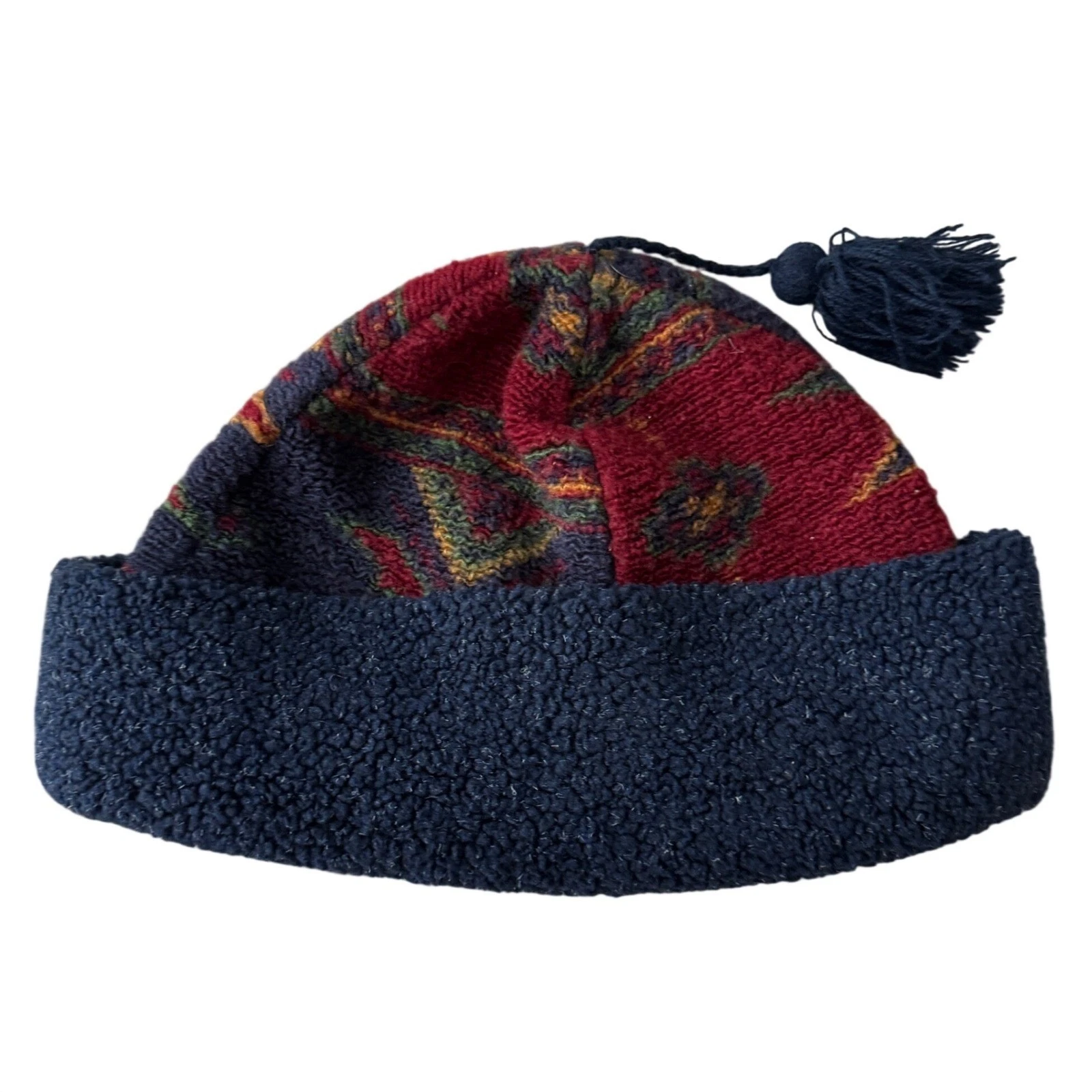 Vintage LL Bean Southwestern Fleece Beanie Tassel Hat Navy 90s Gorpcore Granola