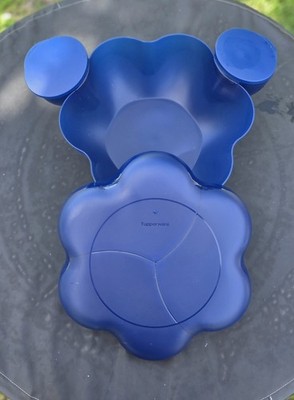 Tupperware Chip N Dip Large Blue Serving Bowl and 2 Matching Dip Bowls with Lids