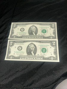 2013 $2 dollar fancy serial # 6 of a kind 5s Consecutive Notes F 05655555 & 4 A
