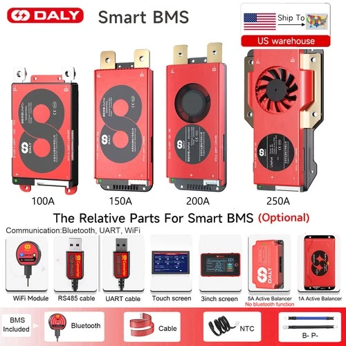 Daly BMS 4S 12V/8S 24V/16S 48V 100A-250A LiFePo4 Smart BMS &Bluetooth Module lot