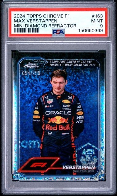 Max Verstappen 2024 TOPPS CHROME F1 MINI DIAMOND REFRACTOR #163 PSA 9 MINT /299