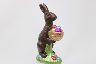 Faux Chocolate Tabletop Easter Decor Bunny Rabbit Holding Basket of Eggs 8''