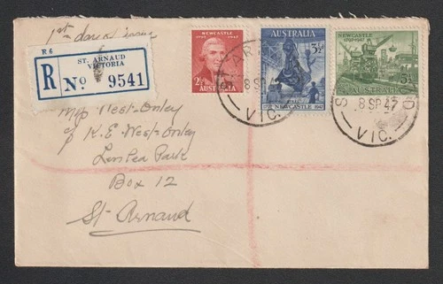 Australia 1947 Registered FDC Cover 150th Newcastle ST ARNAUD VIC Label Postmark