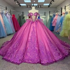 Lilac Shiny Quinceanera Dresses Applique Lace Bow Tull Party Birthday Sweet 16
