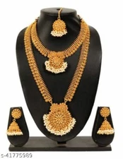 ETHNIC INDIAN JEWELRY SET GOLD PLATED BRIDAL PEARL NECKLACE EARRINGS MANG TIKA