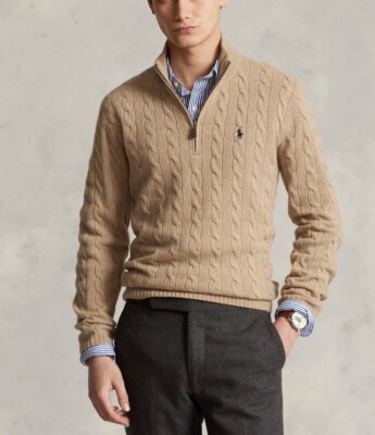 $168 Polo Ralph Lauren Men Cable-Knit Wool-Cashmere Quarter Zip