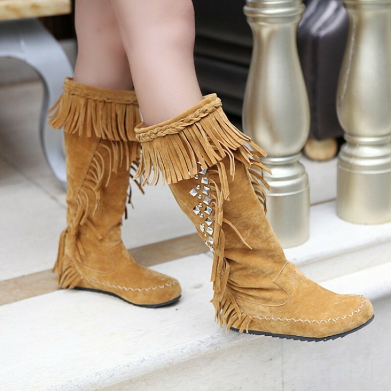 Women Moccasin Boots Mid Calf Hidden Flat Heel Studded Tassels Pull On Shoes New eBay