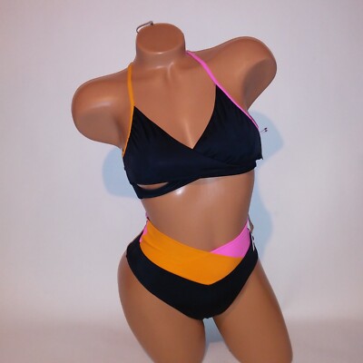 Victoria Secret PINK Swim Bikini XS Top & Bottom Black Pink Orange