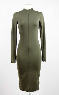 H&M Khaki Stretch Midikleid Langarm Kleid Dolcevita Etuikleid Tailliert S