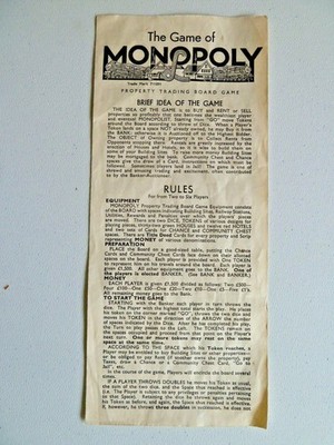 VINTAGE RETRO MONOPOLY GAME RULES LEAFLET 1960s COLLECTIBLE PROP DISPLAY