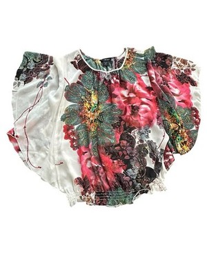 Ali Miles Floral Dolman Sleeve Blouson Popover Tunic Large Smocked Sheer #EF3-4